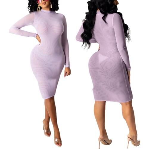 Women Close-fitting See-through Dress,,2021 New Style Fashion Solid Color Long Sleeve Round Collar Large dress