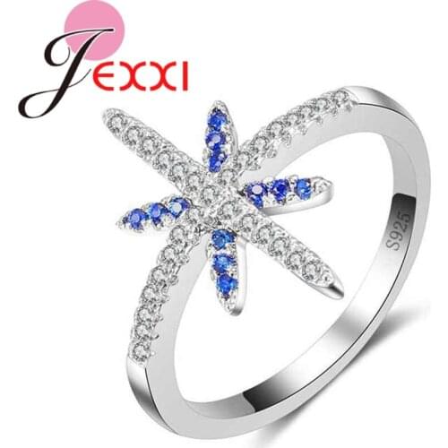 Wholesale 925 Sterling Silver Ring Women Girls Shiny Star Jewelry Micro Inlay Full Crystal Wedding Rings White/Blue Option