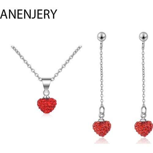 ANENJERY 925 Sterling Silver Jewelry Sets Full Crystal Red Heart Necklace+Earrings For Women Girl Gift