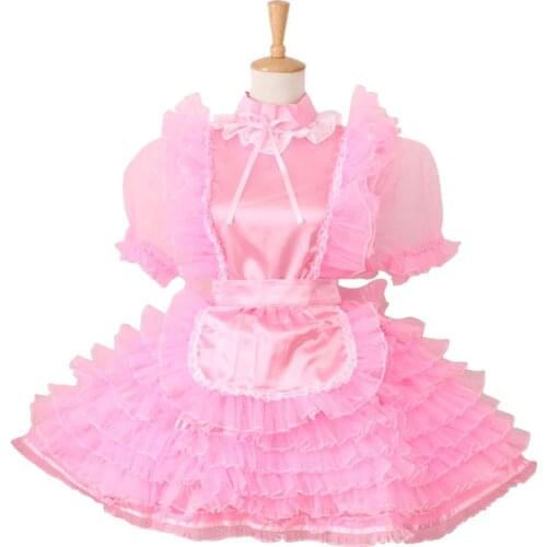Custom Made Prissy Sissy Maid Satin Puffy Dress Uniform Cosplay Costume For Halloween Party