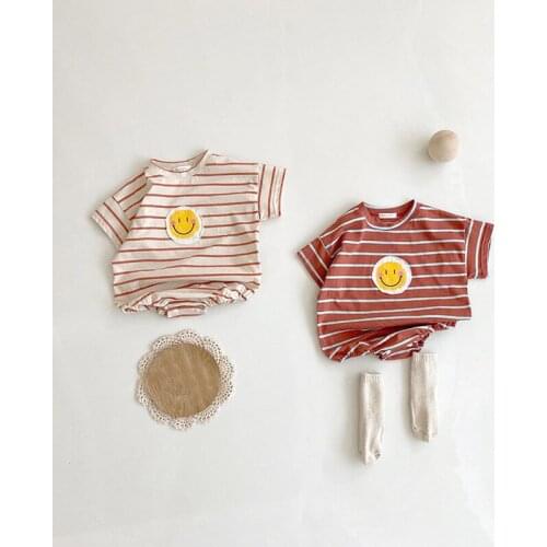 2021 Summer New Infant Baby Boy Girl Cotton Cute Short Sleeve Bodysuit Toddler Kid Smiley Pattern Stripes Bodysuit