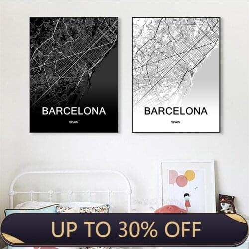 Black and White World City Map Barcelona City Map Spain City Canvas painting Wall Art Poster Home Decor Pictures Prints