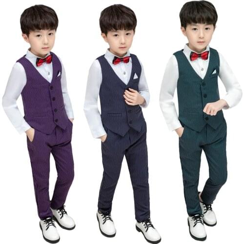 Kids Boy 4PCs (Vest+Pants+ Tshirt+Bow Tie) Stripe Gentleman Formal Suit Children Birthday Party Wedding Piano Competition Wear