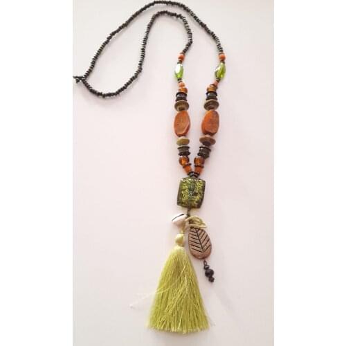 Goodtime Long Ethnic Necklace Wood & Glass & Indian Beads Womens Handmade Jewelry