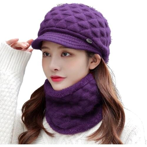 Women Winter 2Pcs Set Visor Brim Chunky Knit Beanie Hat Plush Lined Circle Scarf 6XDA