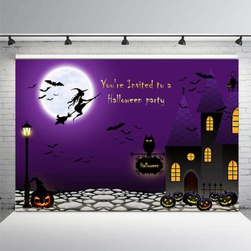 Photography Backdrop Halloween Night Moon Ghost Bats Pumpkin Lantern Grave Party Black Silhouette Background Vampirina Backdrop