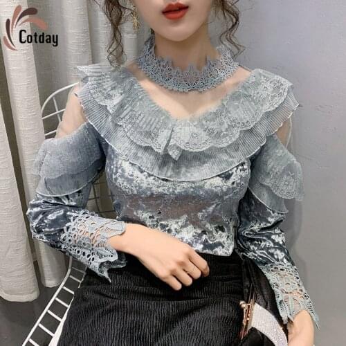 Cotday Lace Shirt Womens Autumn Winter Women Blouse Ruffles O Neck Mesh Top Long Sleeve Korean Velour Half-Collar Pants