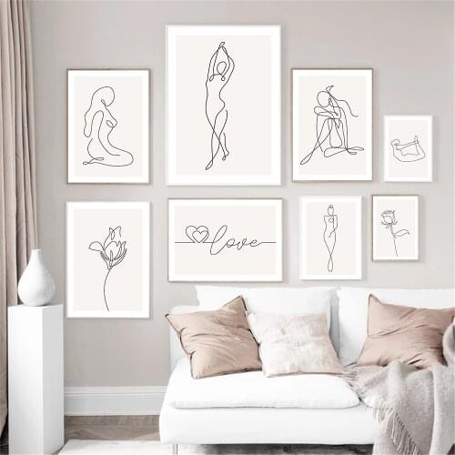 Double Heart Love Posters Abstract Line Woman Dancing Print Female Figures Canvas Painting Flower Wall Art Pictures Home Decor