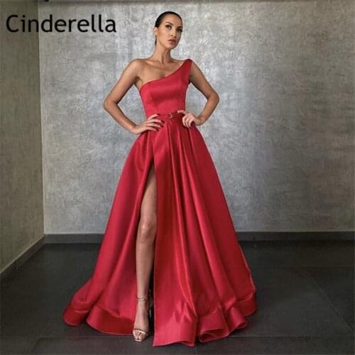 Red Prom Dresses One Shoulder Sleeveless A-Line Side Slit Satin Pleated Prom Dresses Sweep Train vestidos de fiesta de noche