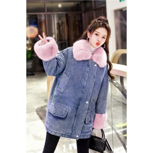 2021 Basic Parkas Female Bomber Coat Parka Coats Outerwear Denim Jacket Women Winter Casual Warm Jean Jacket With Fur