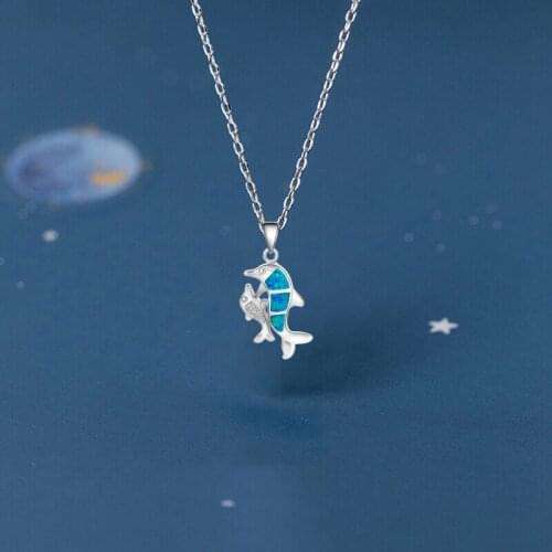 Summer style Blue Dolphins shape Blue Fire Opal Silver Stamped Necklace Pendants for women Fashion jewelry OP528