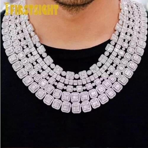 New 8MM Silver Color Baguette And Cluster Link CZ Iced Bling Chain Necklaces Men Jewelry Baguette Cluster Tennis Chain Necklace
