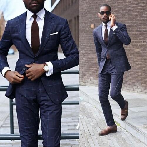 High Quality Navy Check Plaid Groom Wedding Tuxedos Slim Fit Two Button Mens Formal Prom Party Business Blazer Suits (jacket+pan