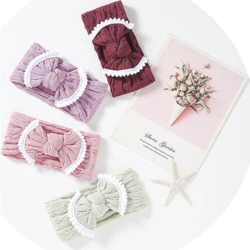 Pompom Trimming Nylon Headbands For Girls Hair Bows Solid Wide Baby Headband Turban Girls Head Wrap Baby Girl Hair Accessories