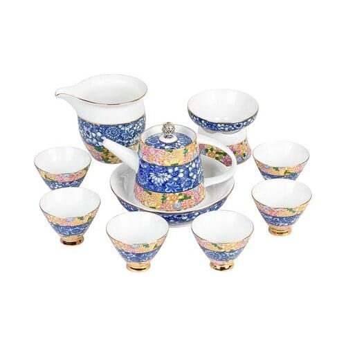The new fight color flower process Kung Fu tea sets blue and white home ceramic tea pots gift box set