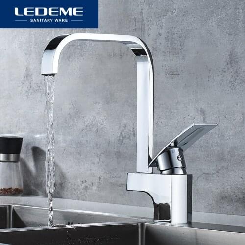 LEDEME Kitchen Faucet Deck Mounted Kitchen Hot and Cold Water Mixer Tap Chrome Square Waterfall Faucets Taps L4070