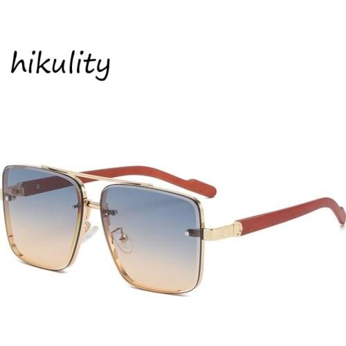 Wood Grain Leg Double Beam Cutting Rimless Sunglasses For Men Vintage Punk Square Gradient Sun Glasses Women Sexy Cool Shades