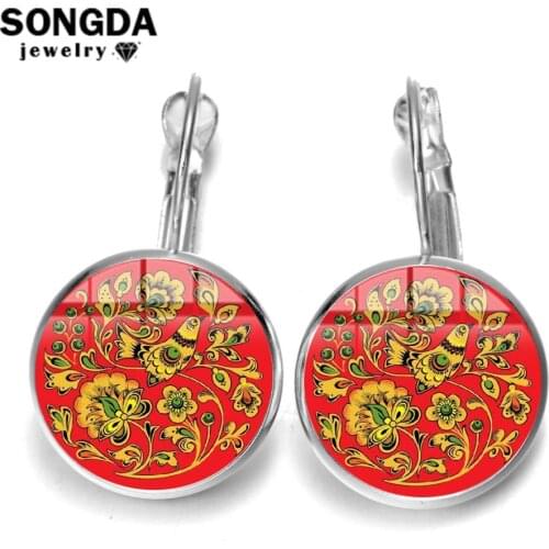 SONGDA Ethnic Style Boho Drop Earrings Khokhloma Russian Folk Art Pattern Glass Round Dangle Earrings Fashion Jewelry Pendientes