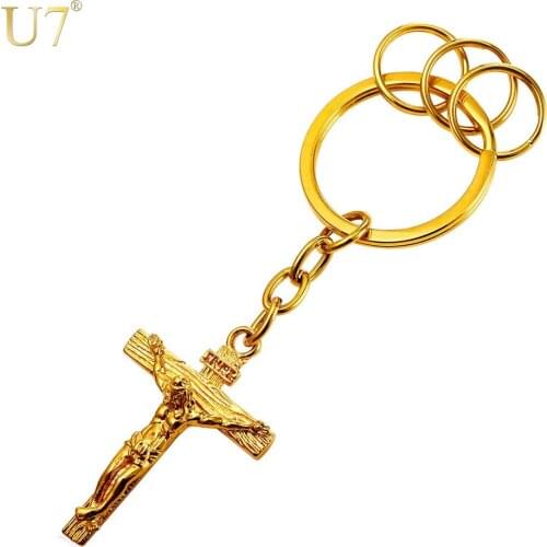 U7 New Hot Selling Trendy Cross Jewelry Jesus Piece Key Chains Holder Gold Color Men Crucifix Keychain Christmas Gift K014