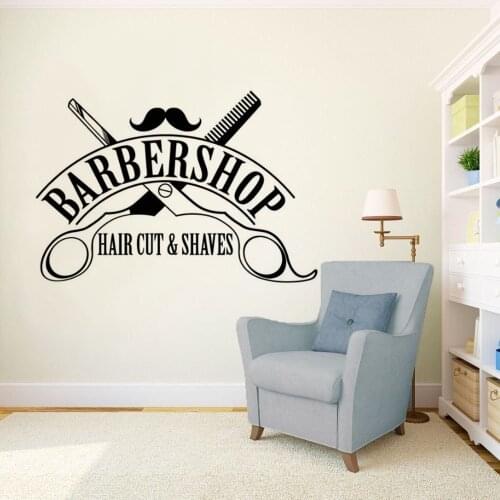 Hair Cut Shaves Logo Wall Window Decals Barbershop Sign Wall Sticker Hair Salon Decor Removable Haircut Wall Vinyl Mural AY1581