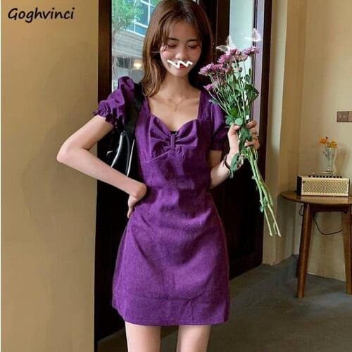 Vintage Short Puff Sleeve Dress Women Trendy Square Collar Zipper Mini Dresses Girls Simple Solid All-match Retro Ins Elegant