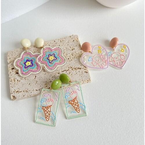 South Korea Summer Retro Geometric Ice Cream Puppy Earrings Transparent Acrylic Macaron Flower Earrings Cute Girly Jewelry