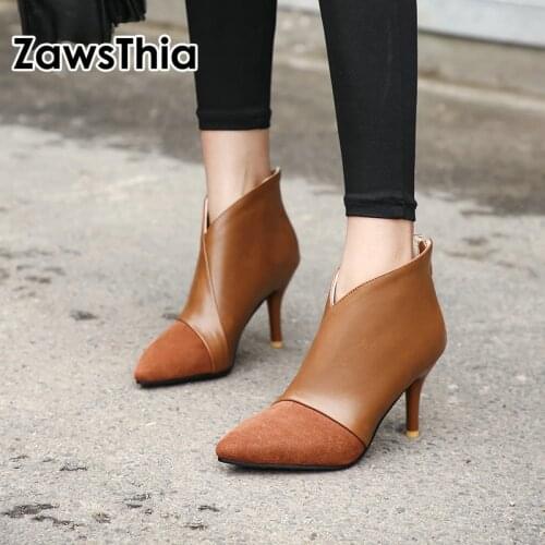 ZawsThia 2020 winter woman thin high heels V cut design pointed toe sexy ladies pumps zipper ankle boots for women size 33-46