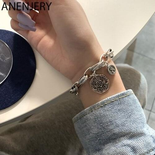 ANENJERY 925 Sterling Silver Head Polygon Pendant Bracelet for Women Thai Silver Vintage Jewelry S-B517