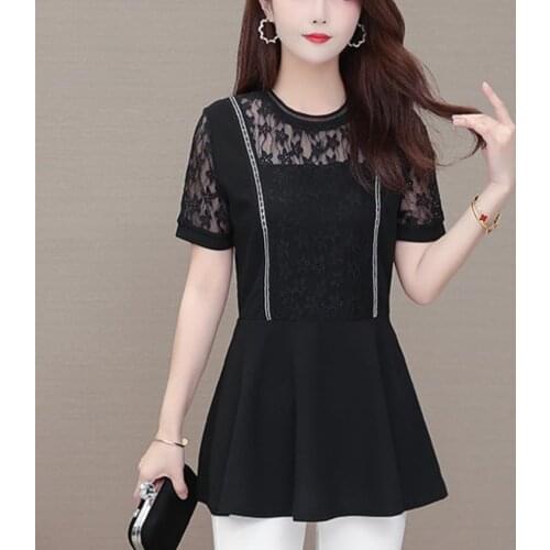 Women pullover lace t Shirts Tops 2021 New Fashion short Sleeved black Vintage Shirt Printed Shirts Female Blusa Feminina