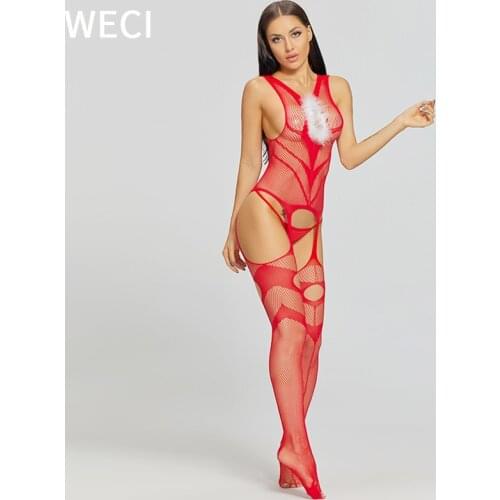 WECI Women Sexy Red Plush Outfit Christmas Female Lingerie Garter Fishnet Full Body Suit Erotic Costume Hollow Out Underwear New