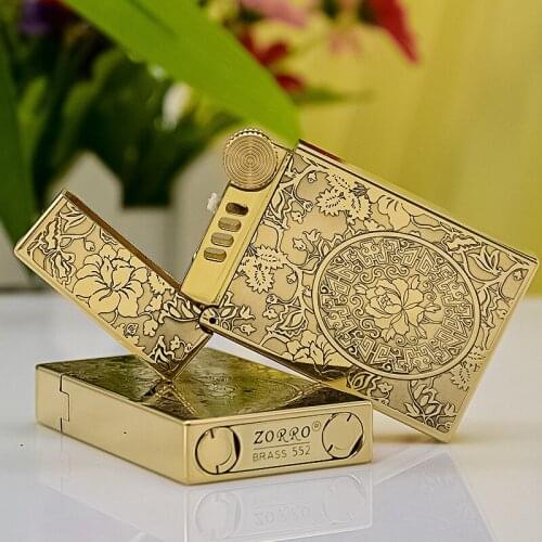 ZORRO Rich "Peony "552 Whole Copper Carving Pure Bronze Piano Sound Lucent Kerosene Lighter