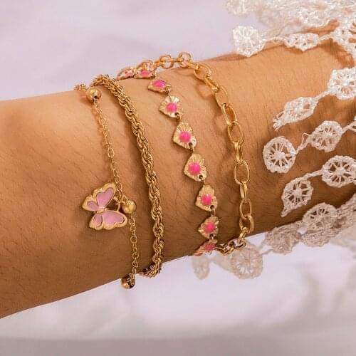4 Pcs/Set Cute Enamel Butterfly Bracelets Set for Women Multiple Stackable Wrap Braclets Girls Love Heart Charm Bracelet Gifts