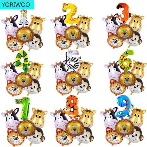 6pcs Jungle Animal Monkey Lion Balloons Set Foil Number 1 2 3 4 5 Happy Birthday Party Decorations Kids 1st Oh Baby Shower Boy