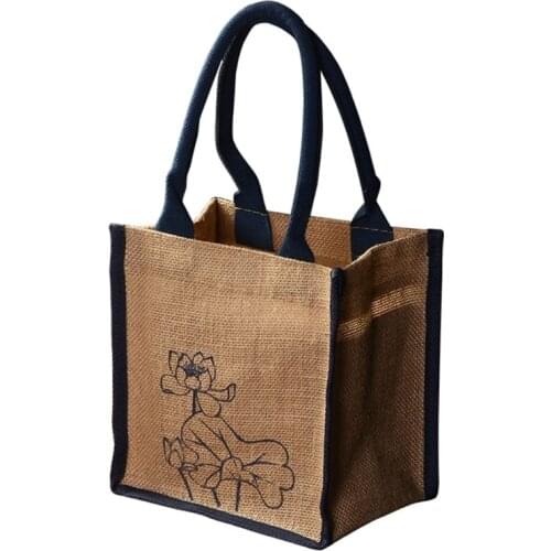 D0LF Jute Burlap Tote Printing Lotus Large Reusable Grocery Bags with Handles Women Shopping Bag Beach Travel Storage Organizer