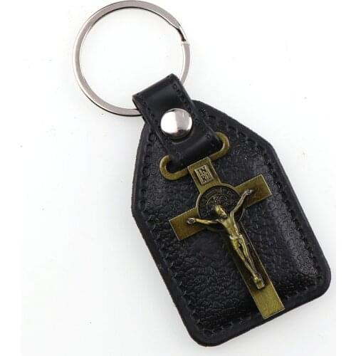 PU Leather KeyChains Saint Benedict Crucifix for Men Black Tag Antique Bronze Plated Hook Key Holder Car Key Holder