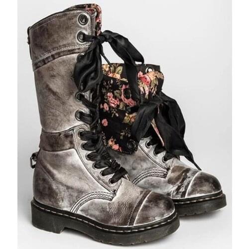 Floral Locomotive Short Boots Lace Up Autumn and Winter Ankle Boots Square Heel Boots Autumn High-top Retro Womens Shoes