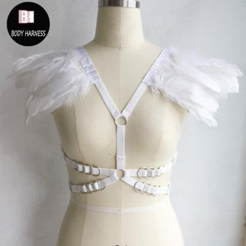 White wings Elastic black body harness feather shrug harness cage bra epaulets Edgy fashion body harness cage bra shoulder