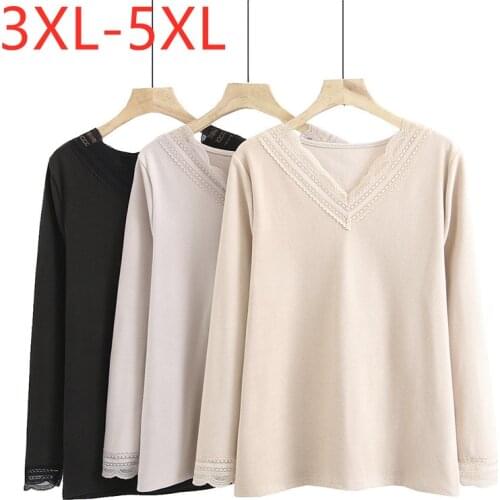 New 2021 Ladies Autumn Winter Plus Size Basic Tops For Women Large Long Sleeve Elastic Beige Lace V-neck T-Shirt 3XL 4XL 5XL