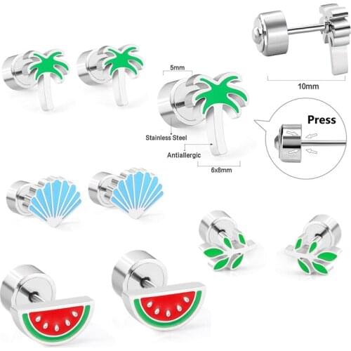 Personality Stainless Steel Watermelon/Shell/Leaf Stud Earrings Creative Funny Fruit Plant Earrings for Men Women Jewelry Gifts
