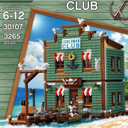MOC City Street Series Fisherman Club Dive Shop Model Kit Building Blocks Kids Toys Captain Wharf Bricks Toy for children Gifts