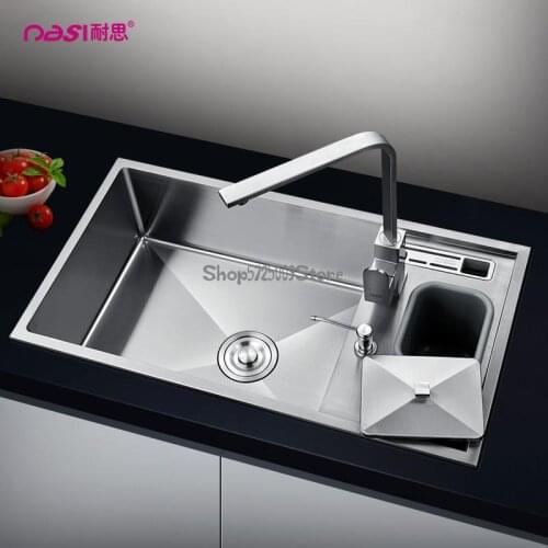 Kitchen Sink Single Tank Multi-function 304 Stainless Steel Large Single Tank Sink With Trash Can Knife Holder Manual Sink