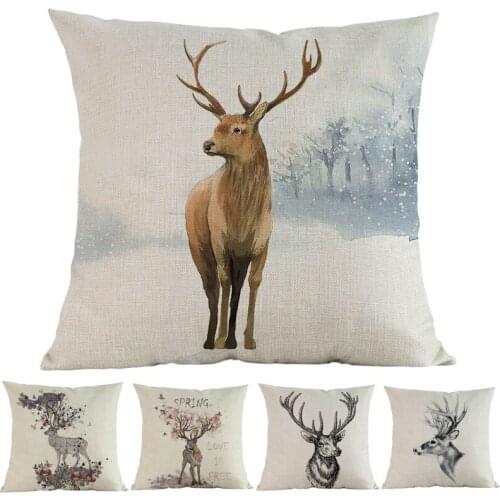 Watercolor Style Deer Reindeer Floral Antlers Pattern Linen Cotton Throw Print Pillow Case Home Sofa Decoration Cushion Cover