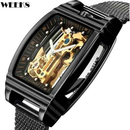 Turbullion Automatic Mechanical Watch for Men Gold Case Luxury Tonneau Shaped Dial Luminous Brown Male Winding Wristwatch