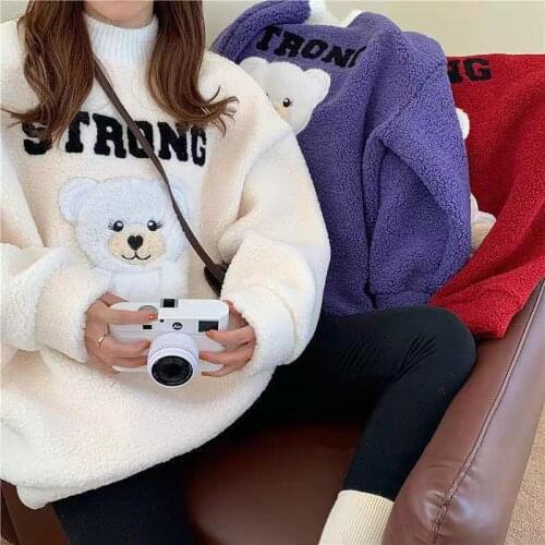 2021 New Spring Student Clothes Sweet Lovely Bear Pattern Fashion Letter-Embroidery Loose Soft Womens Hoodies Lambswool Coat