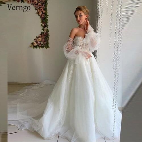 Verngo New Princess Puff Sleeves Wedding Dress For Bridal Off Shoulder Sweetheart Shiny Inner Lace Applique Corset Bride Gowns