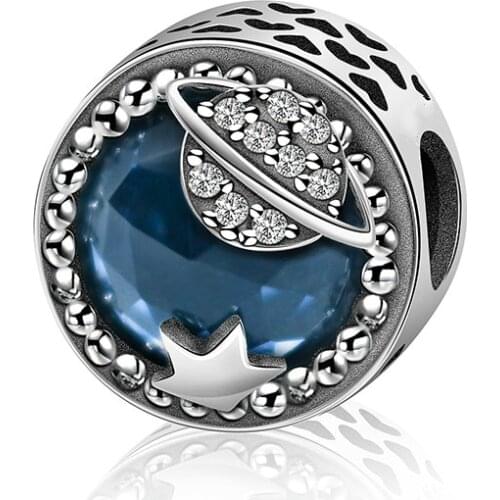 NEW 100% 925 Sterling Silver Playing Blue Clear CZ Charm Beads Fit Bracelet & Bangles DIY Jewelry Pentagram Blue Planet Original