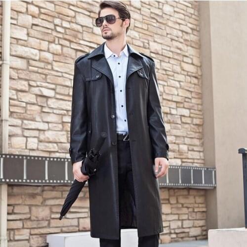 Plus velvet thicken winter autumn detachable liner leather coats men slim single-breasted long coat mens leather trench coats