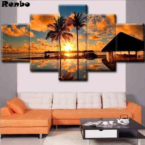 Full Drill Square Round Diamond Paintings 5 Pieces Sunset Seascape Diamond Mosaic Landscape Diamond Embroidery Cross Stitch kits