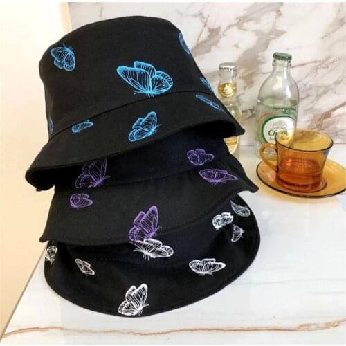 Butterfly Double-Side Print Panama For Women Girls Summer Hip Hop Caps Wide Brim Bucket Hats Foldable Sunscreen Fisherman Hat