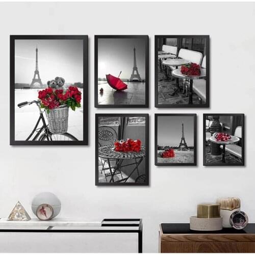 Modern Black White City Building Canvas Painting Prints Tower Red Rose Posters Wall Art Picture for Living Room Home Decor